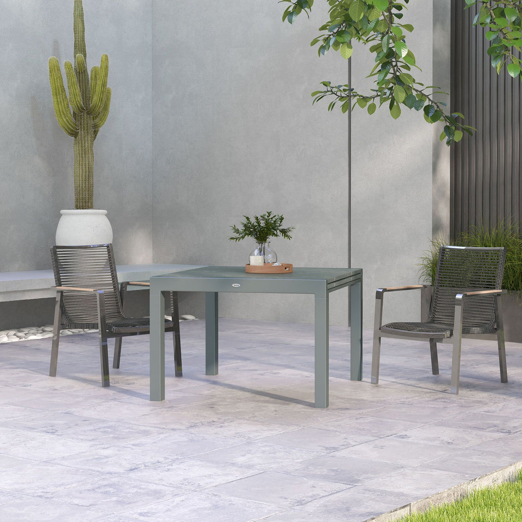 Yeah Depot - Outsunny Extendable Outdoor Dining Table, 41''- 83'' Aluminum Frame Patio Table with Wood Effect Steel Top, Rectangle Expandable Patio Table for 6-8, Dark Gray