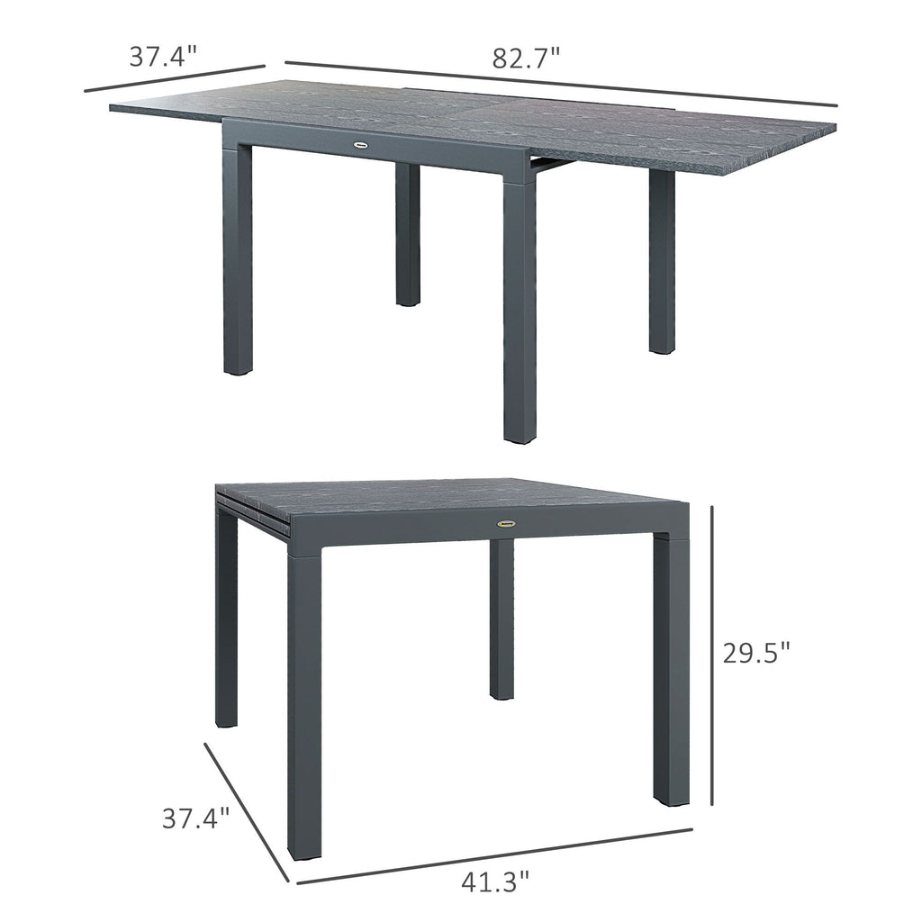 Yeah Depot - Outsunny Extendable Outdoor Dining Table, 41''- 83'' Aluminum Frame Patio Table with Wood Effect Steel Top, Rectangle Expandable Patio Table for 6-8, Dark Gray