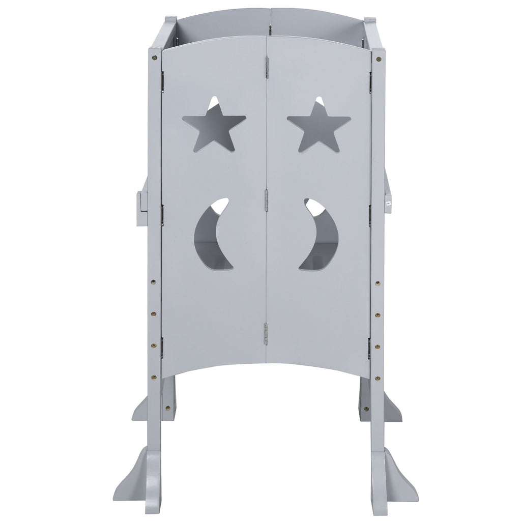 Yeah Depot - Qaba Wooden Kitchen Step Stool for Kids, Foldable Toddler Tower, Helper Stool for Kitchen Counter with Support Handles Safety Rail, Gray