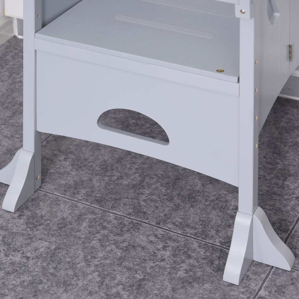 Yeah Depot - Qaba Wooden Kitchen Step Stool for Kids, Foldable Toddler Tower, Helper Stool for Kitchen Counter with Support Handles Safety Rail, Gray