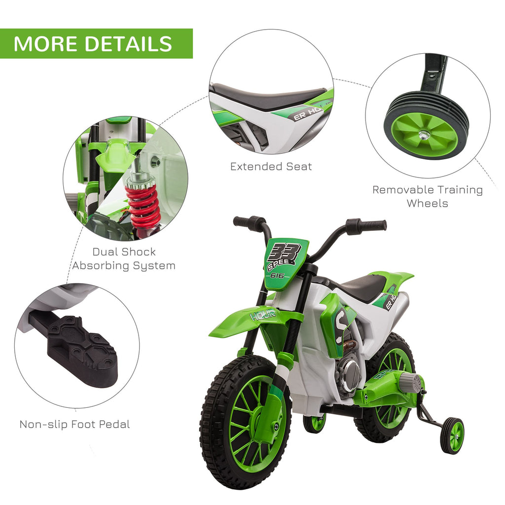 Yeah Depot - Aosom 12V Kids Motorcycle Dirt Bike Electric Battery-Powered Ride-On Toy Off-road Street Bike with Charging Battery, Training Wheels Green