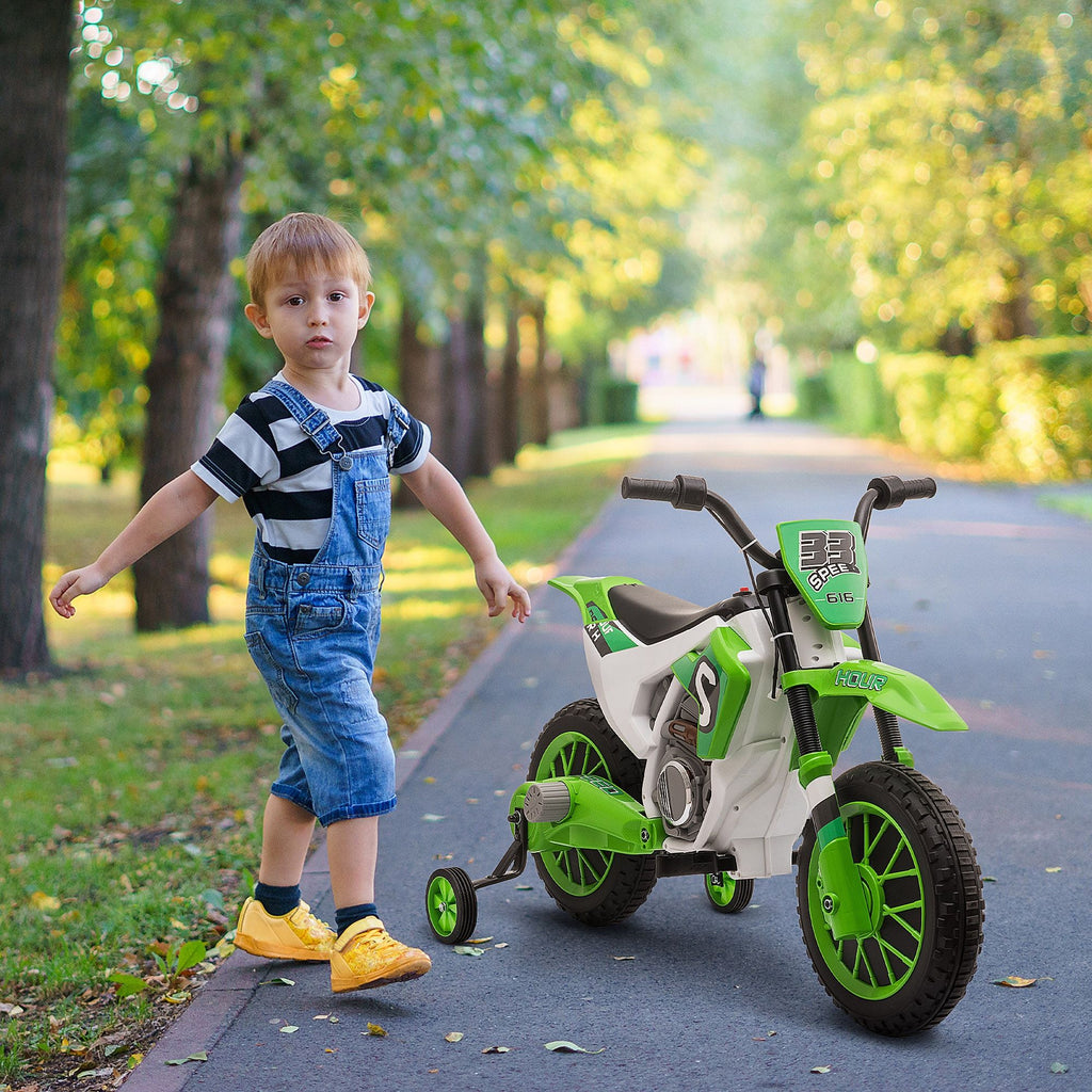 Yeah Depot - Aosom 12V Kids Motorcycle Dirt Bike Electric Battery-Powered Ride-On Toy Off-road Street Bike with Charging Battery, Training Wheels Green