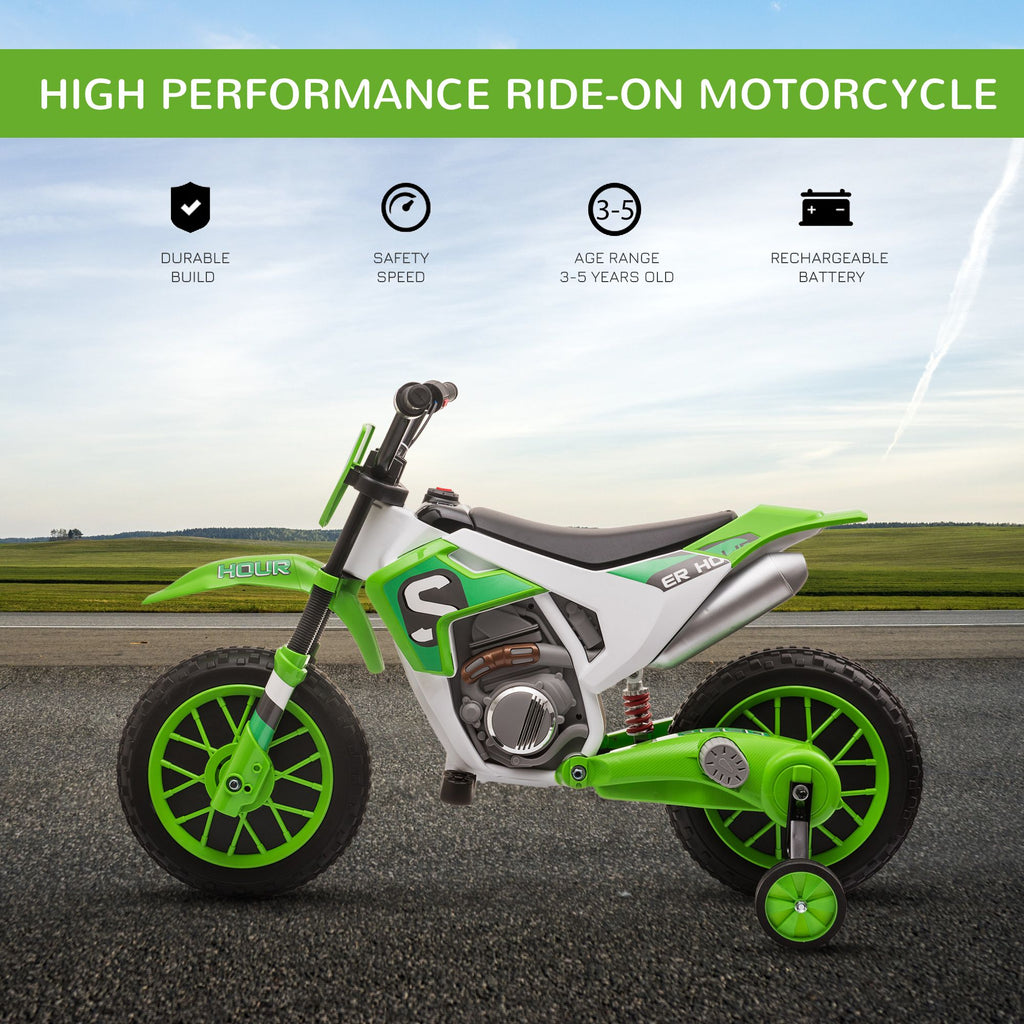 Yeah Depot - Aosom 12V Kids Motorcycle Dirt Bike Electric Battery-Powered Ride-On Toy Off-road Street Bike with Charging Battery, Training Wheels Green