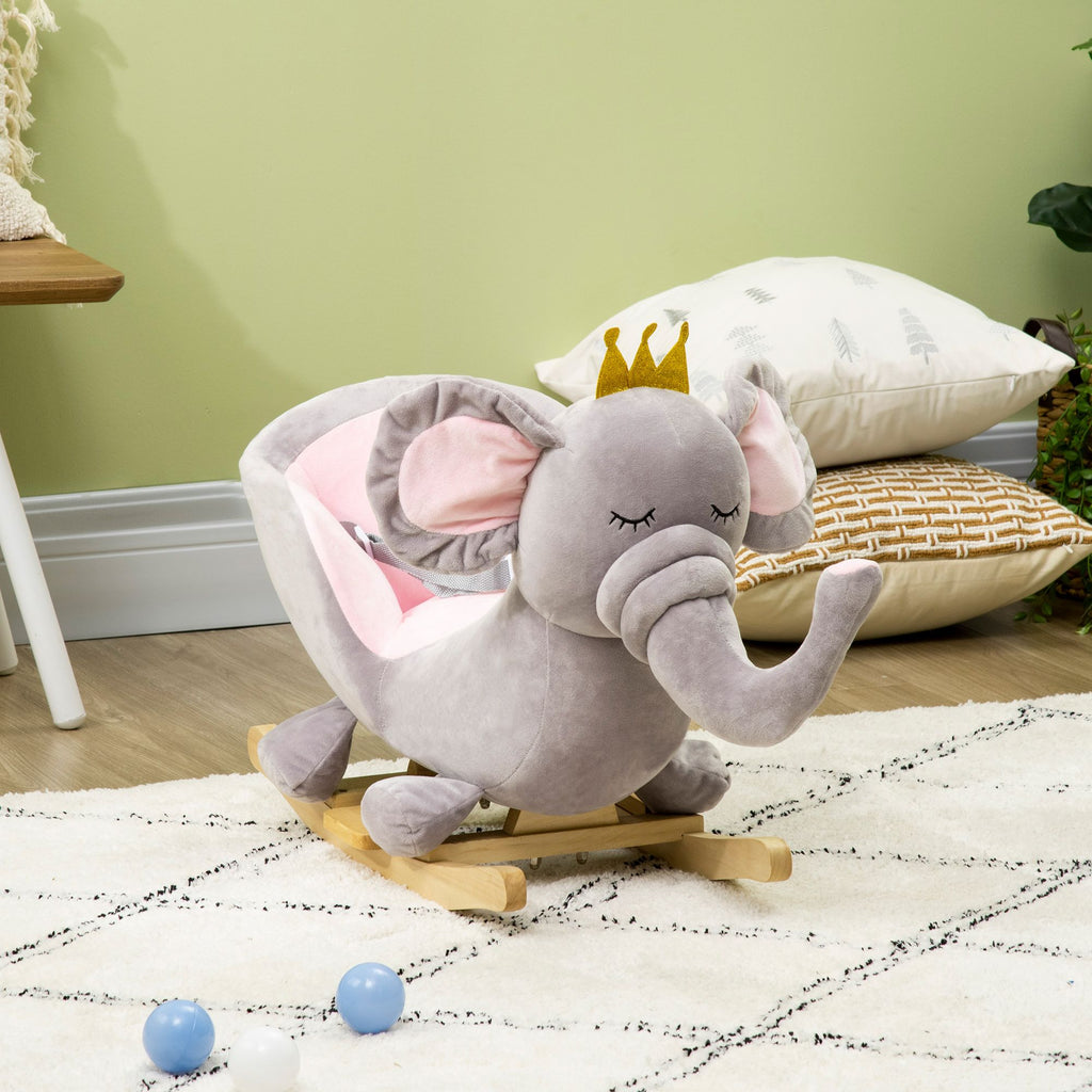 Yeah Depot - Qaba Baby Rocking Horse Elephant Rocking Chair Toddler Rocker Toy with Sound Wooden Base Seat Safety Belt for 1.5-3 Year Old, gray