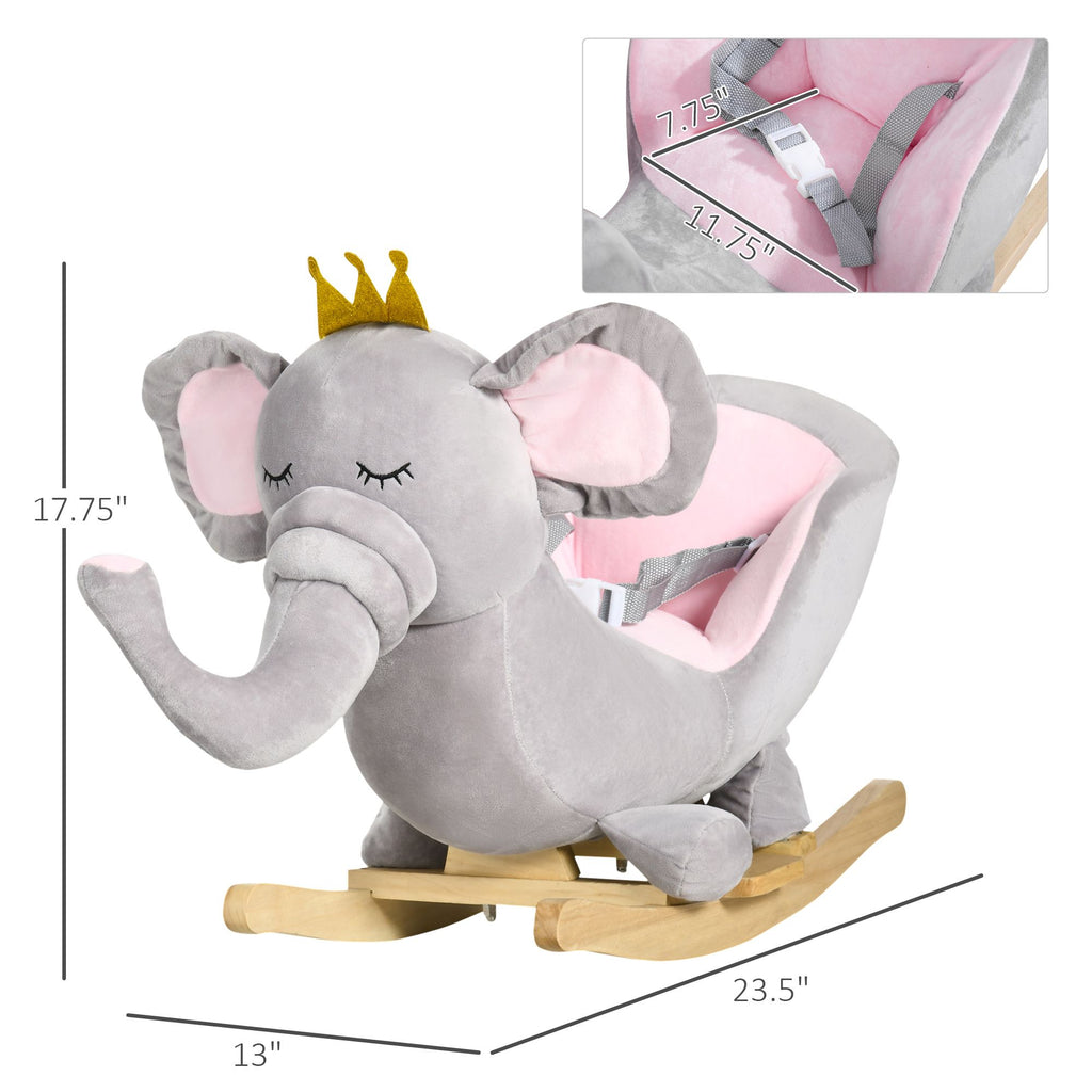Yeah Depot - Qaba Baby Rocking Horse Elephant Rocking Chair Toddler Rocker Toy with Sound Wooden Base Seat Safety Belt for 1.5-3 Year Old, gray