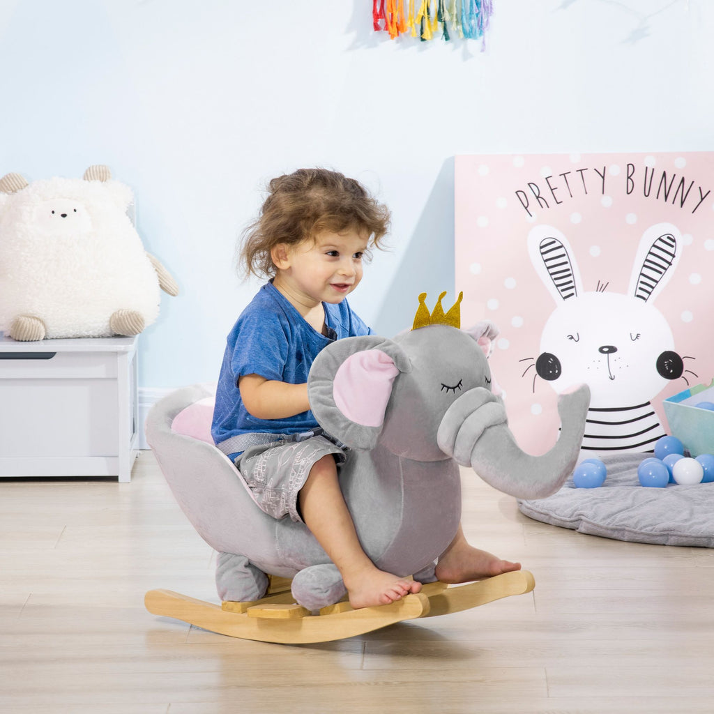 Yeah Depot - Qaba Baby Rocking Horse Elephant Rocking Chair Toddler Rocker Toy with Sound Wooden Base Seat Safety Belt for 1.5-3 Year Old, gray