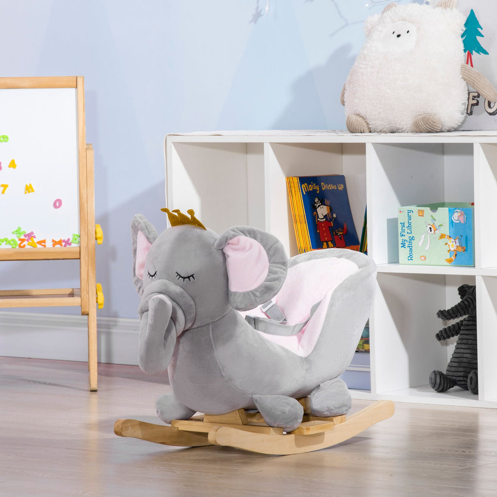 Yeah Depot - Qaba Baby Rocking Horse Elephant Rocking Chair Toddler Rocker Toy with Sound Wooden Base Seat Safety Belt for 1.5-3 Year Old, gray