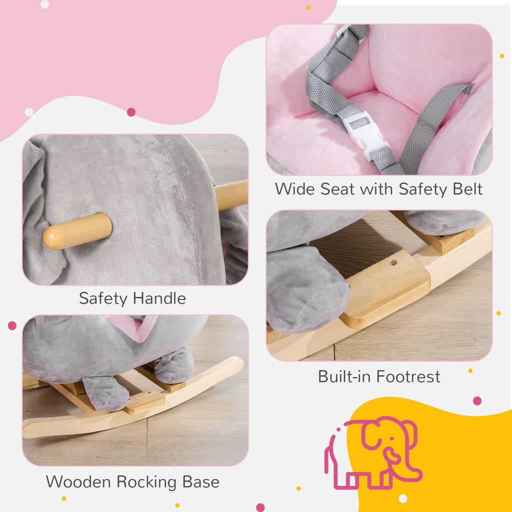 Yeah Depot - Qaba Baby Rocking Horse Elephant Rocking Chair Toddler Rocker Toy with Sound Wooden Base Seat Safety Belt for 1.5-3 Year Old, gray