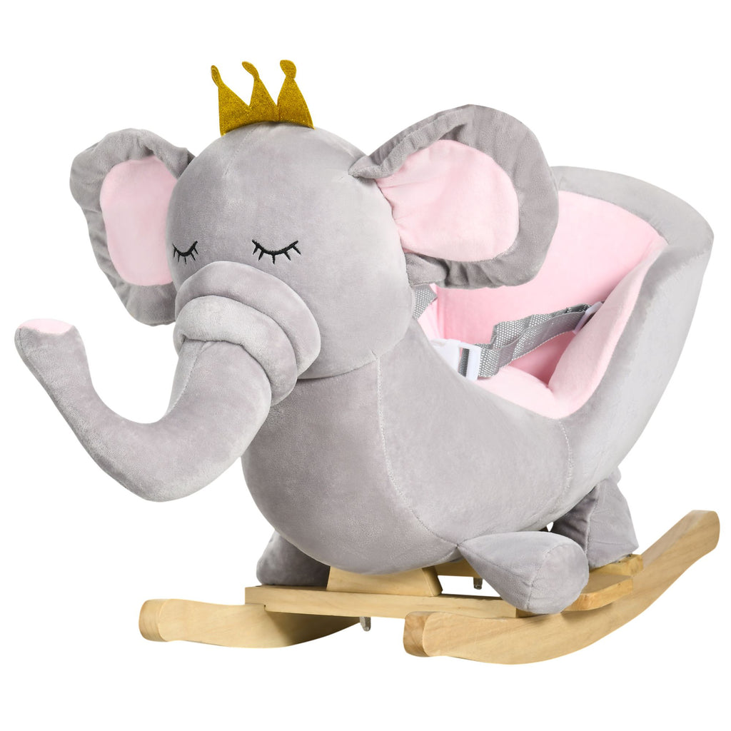 Yeah Depot - Qaba Baby Rocking Horse Elephant Rocking Chair Toddler Rocker Toy with Sound Wooden Base Seat Safety Belt for 1.5-3 Year Old, gray