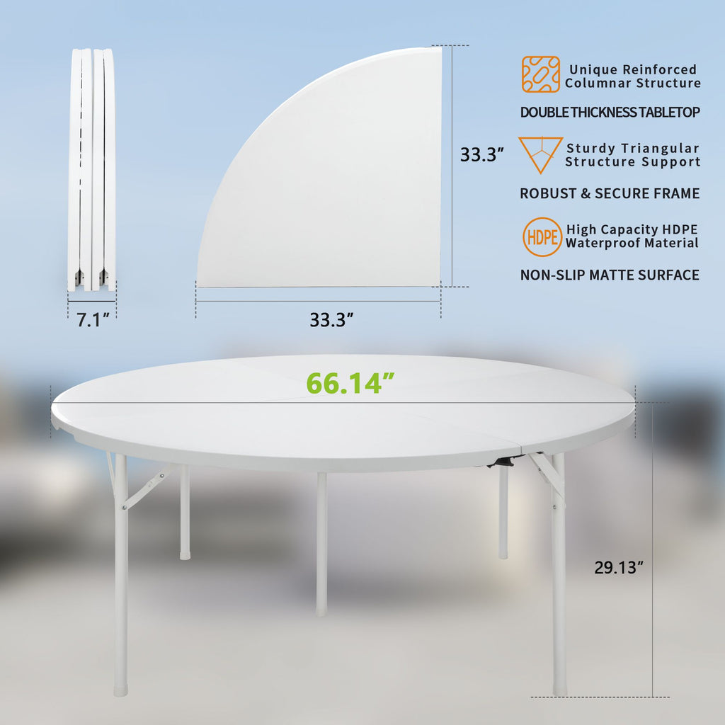 Yeah Depot - Round Plastic Folding Table with Carrying Handle, 66'' Heavy Duty Foldable Round Table Indoor Outdoor, 5 Legs Portable Dining Round Table for Parties, Banquets and Events, White