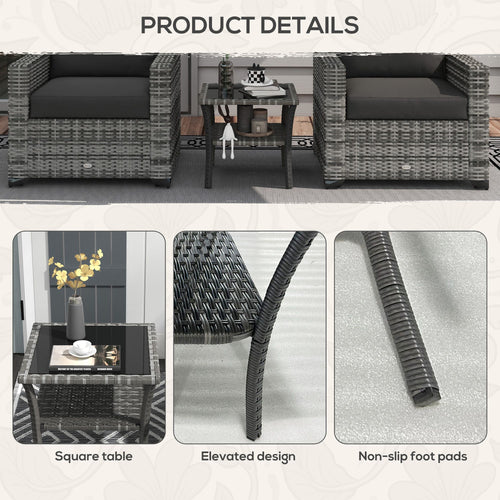 Yeah Depot - Outsunny Rattan Side Table, Outdoor End Table with Storage Shelf, Aluminum Frame Square, Coffee Table with Tempered Glass Top, Mixed Gray