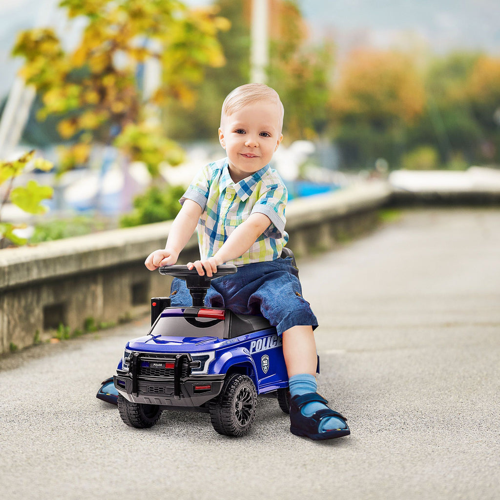 Yeah Depot - Aosom Kids Push Ride On Car with Working PA System and Horn, Police Truck Style Foot-to-Floor Sliding Car for Boys and Girls with Under-Seat Storage, for 18 Months to 5 Years Old, Blue