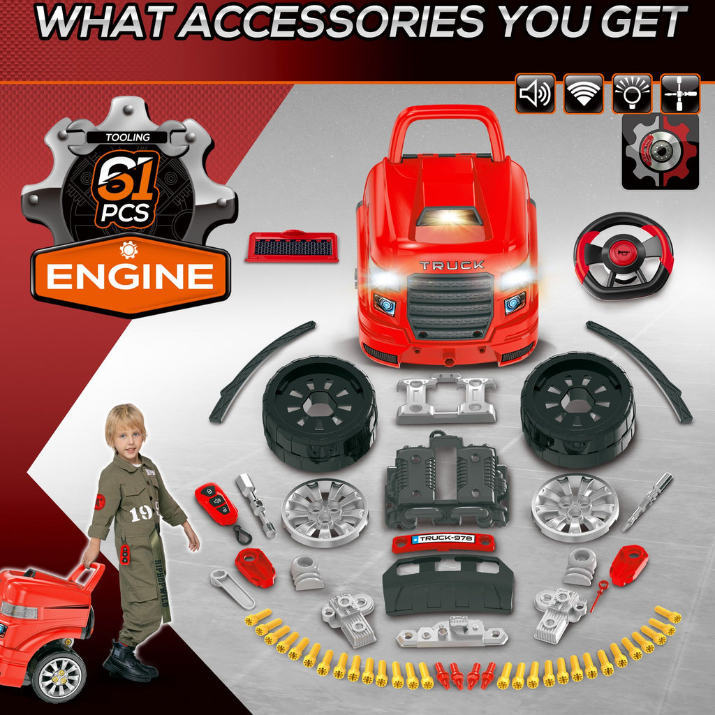 Yeah Depot - Qaba Kids Truck Engine Toy, Kids Mechanic Car Repair Set, Engine Disassembly Play Workshop, Includes 61 Pieces, Steering Wheel, Horn, Light for 3-5 Years Old, Red