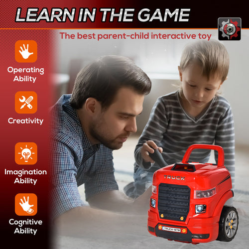 Yeah Depot - Qaba Kids Truck Engine Toy, Kids Mechanic Car Repair Set, Engine Disassembly Play Workshop, Includes 61 Pieces, Steering Wheel, Horn, Light for 3-5 Years Old, Red