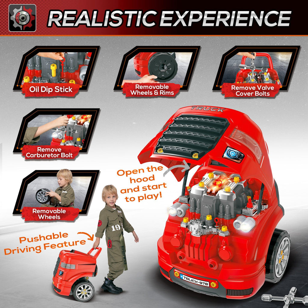 Yeah Depot - Qaba Kids Truck Engine Toy, Kids Mechanic Car Repair Set, Engine Disassembly Play Workshop, Includes 61 Pieces, Steering Wheel, Horn, Light for 3-5 Years Old, Red