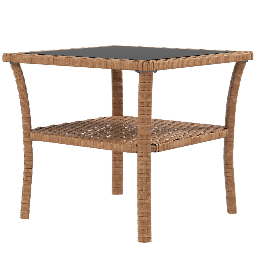 Yeah Depot - Outsunny Rattan Side Table, Outdoor End Table with Storage Shelf, Aluminum Frame Square, Coffee Table with Tempered Glass Top, Sand