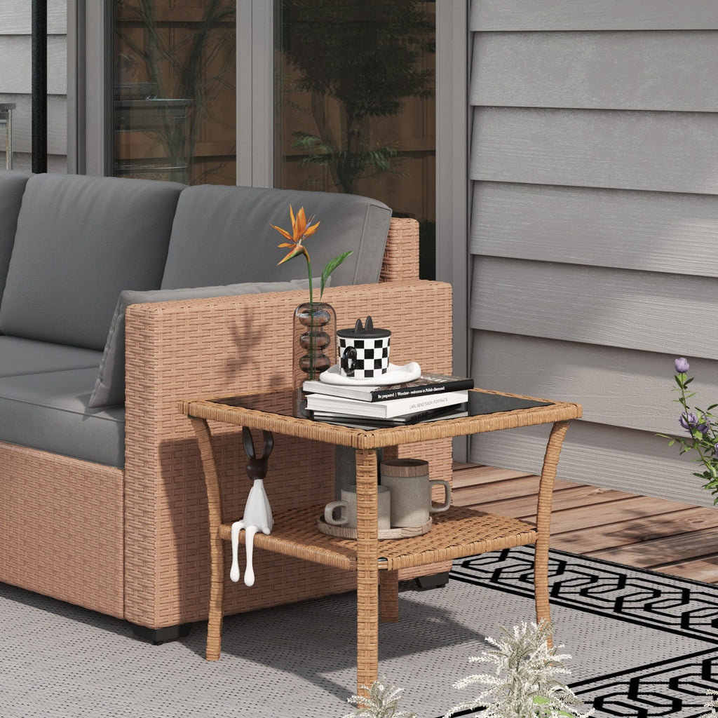 Yeah Depot - Outsunny Rattan Side Table, Outdoor End Table with Storage Shelf, Aluminum Frame Square, Coffee Table with Tempered Glass Top, Sand