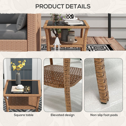 Yeah Depot - Outsunny Rattan Side Table, Outdoor End Table with Storage Shelf, Aluminum Frame Square, Coffee Table with Tempered Glass Top, Sand