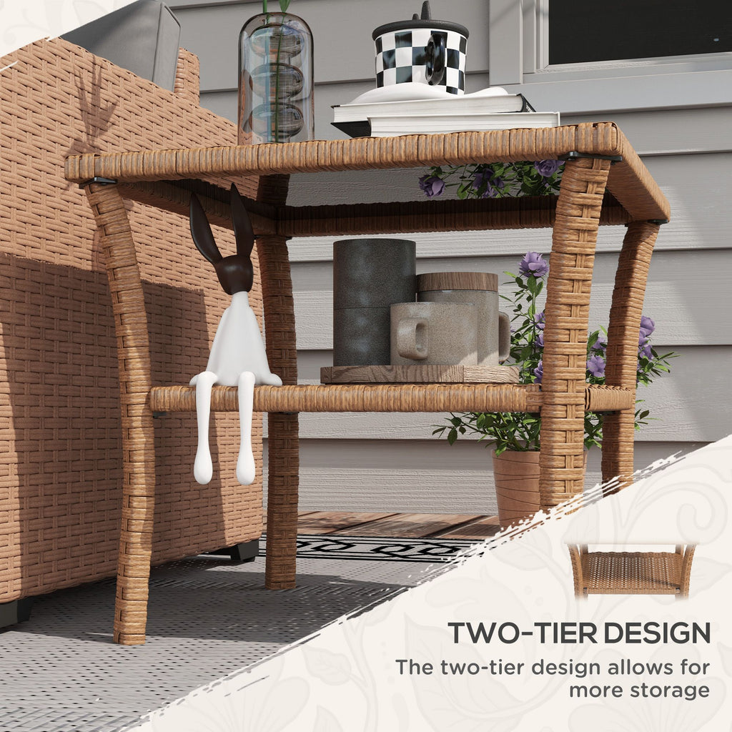 Yeah Depot - Outsunny Rattan Side Table, Outdoor End Table with Storage Shelf, Aluminum Frame Square, Coffee Table with Tempered Glass Top, Sand