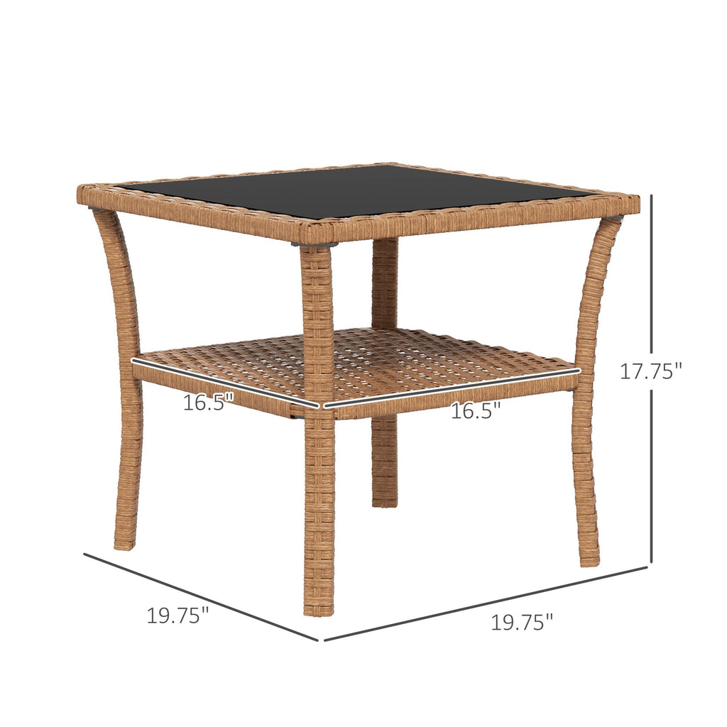 Yeah Depot - Outsunny Rattan Side Table, Outdoor End Table with Storage Shelf, Aluminum Frame Square, Coffee Table with Tempered Glass Top, Sand