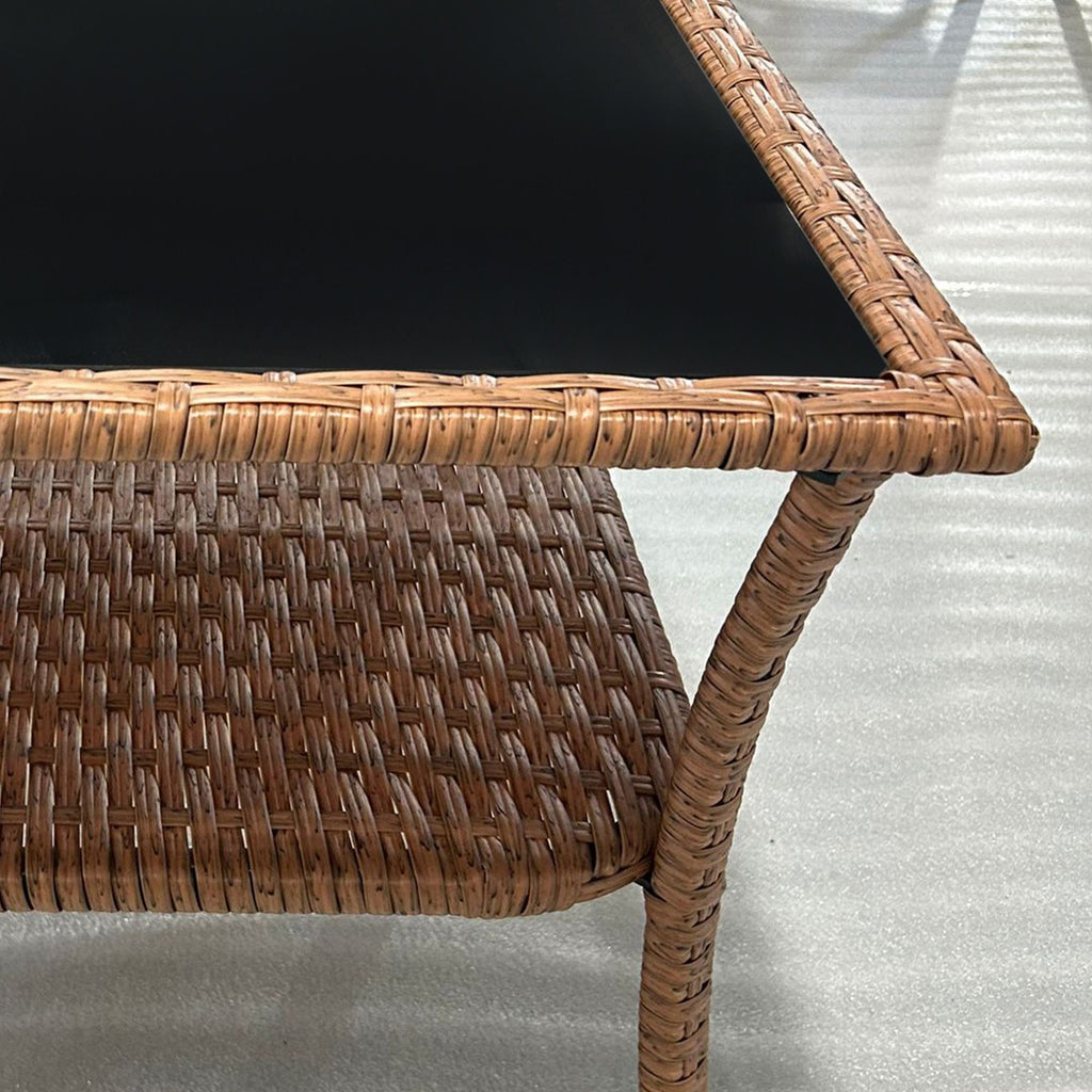 Yeah Depot - Outsunny Rattan Side Table, Outdoor End Table with Storage Shelf, Aluminum Frame Square, Coffee Table with Tempered Glass Top, Sand