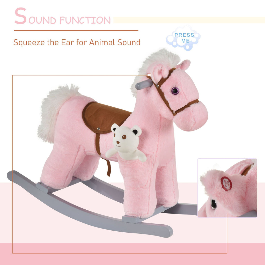 Yeah Depot - Qaba Kids Plush Ride-On Rocking Horse with Bear Toy, Children Chair with Soft Plush Toy & Fun Realistic Sounds, Pink
