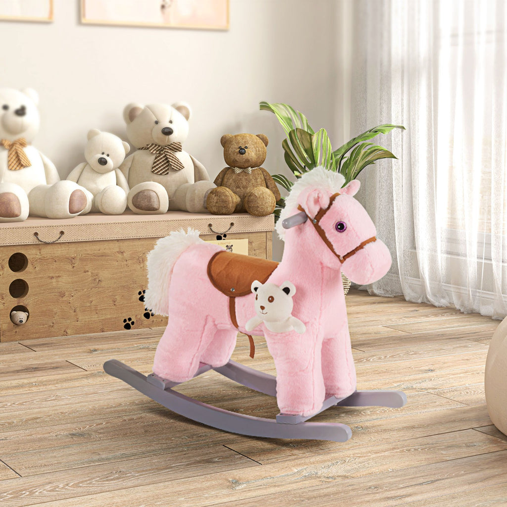 Yeah Depot - Qaba Kids Plush Ride-On Rocking Horse with Bear Toy, Children Chair with Soft Plush Toy & Fun Realistic Sounds, Pink