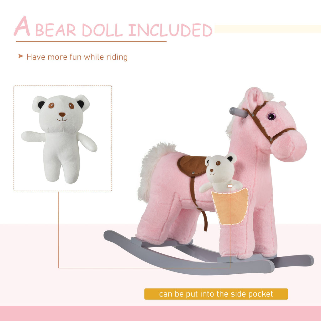Yeah Depot - Qaba Kids Plush Ride-On Rocking Horse with Bear Toy, Children Chair with Soft Plush Toy & Fun Realistic Sounds, Pink