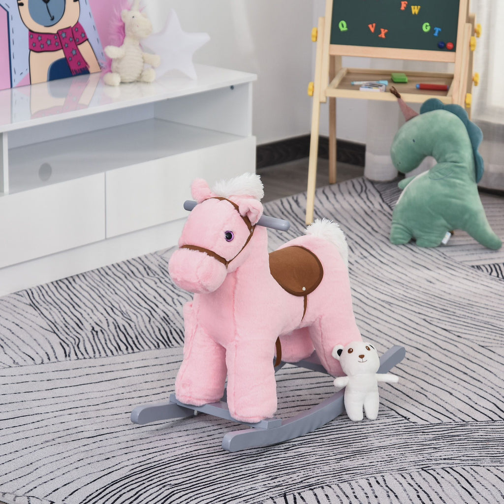 Yeah Depot - Qaba Kids Plush Ride-On Rocking Horse with Bear Toy, Children Chair with Soft Plush Toy & Fun Realistic Sounds, Pink