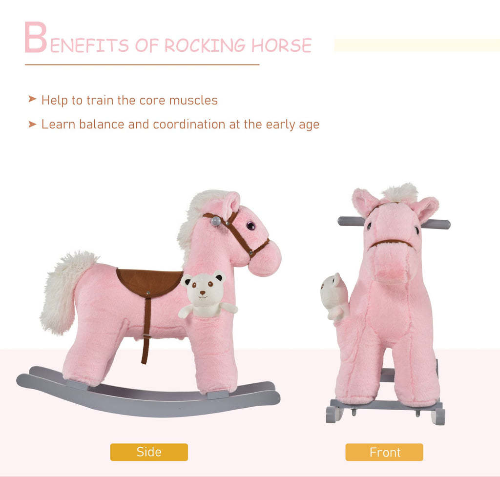 Yeah Depot - Qaba Kids Plush Ride-On Rocking Horse with Bear Toy, Children Chair with Soft Plush Toy & Fun Realistic Sounds, Pink