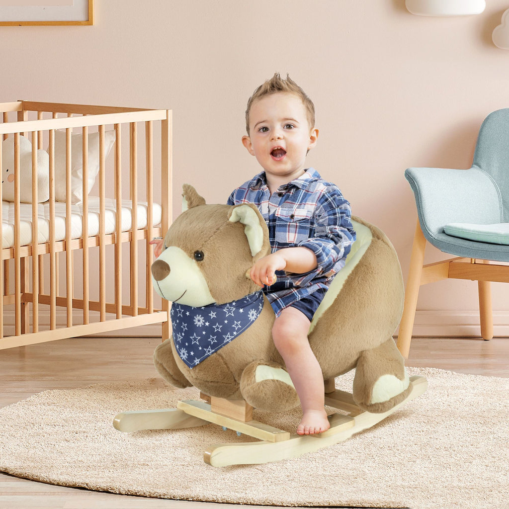 Yeah Depot - Qaba Baby Rocking Horse with Lullaby, Riding Horse, Bear Themed Plush Animal Rocker with Pedals for Ages 18-36 Months
