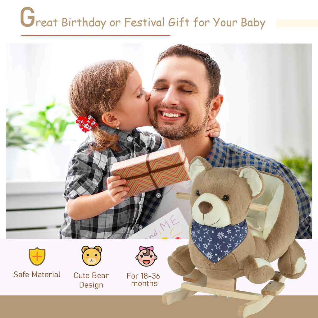 Yeah Depot - Qaba Baby Rocking Horse with Lullaby, Riding Horse, Bear Themed Plush Animal Rocker with Pedals for Ages 18-36 Months