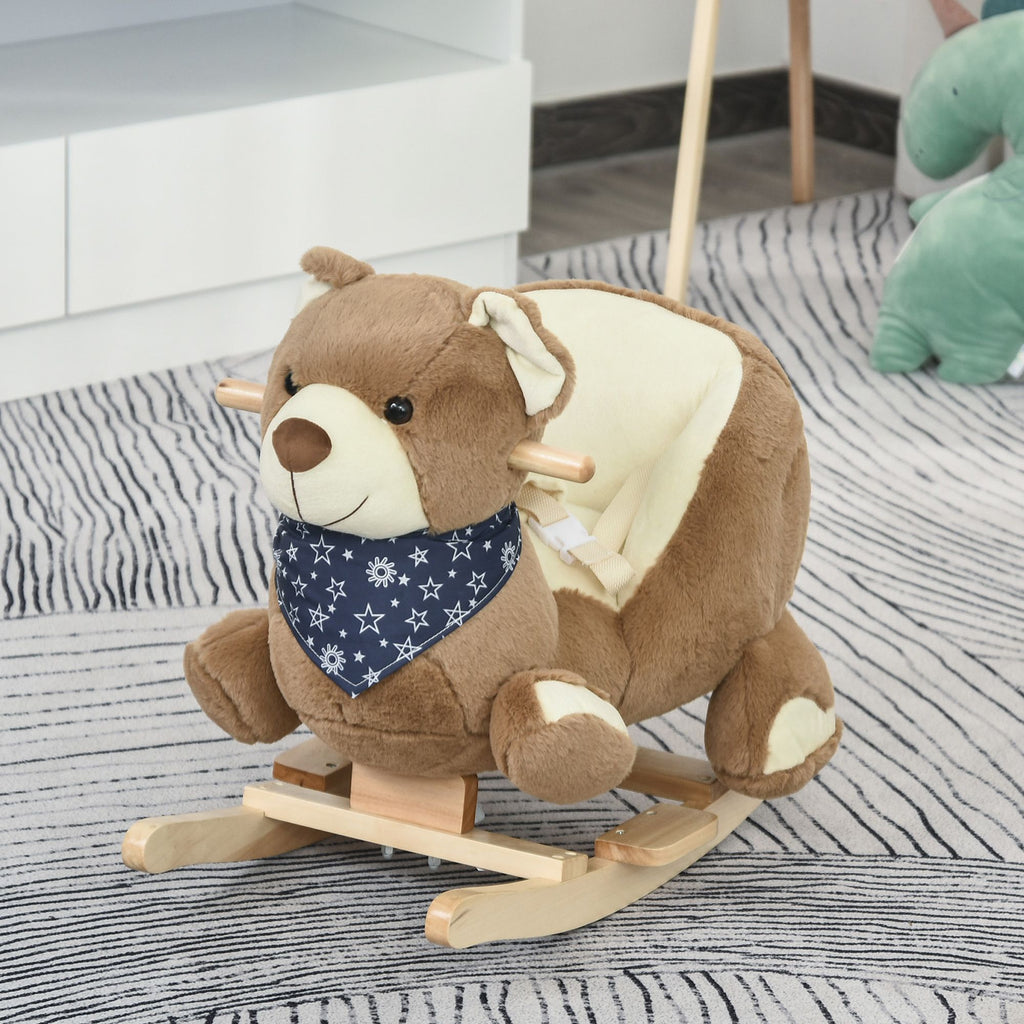 Yeah Depot - Qaba Baby Rocking Horse with Lullaby, Riding Horse, Bear Themed Plush Animal Rocker with Pedals for Ages 18-36 Months