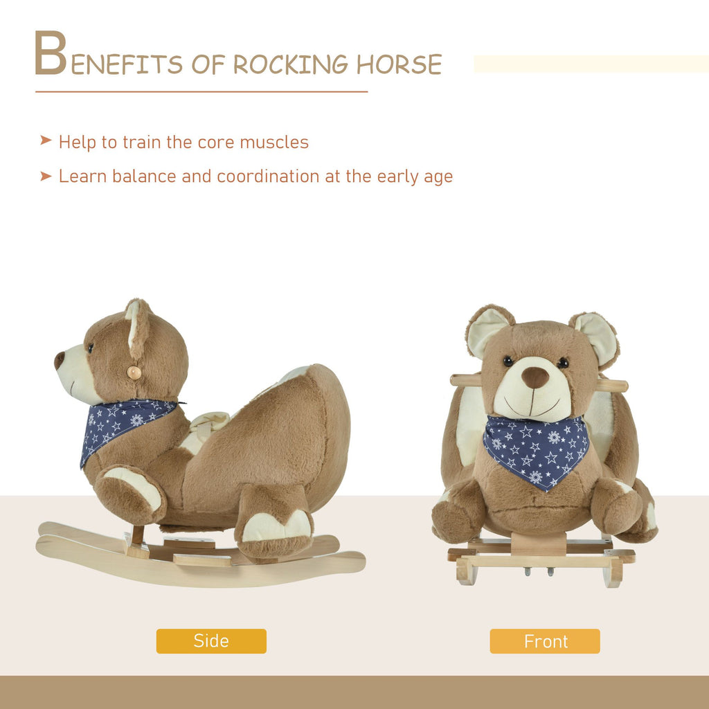 Yeah Depot - Qaba Baby Rocking Horse with Lullaby, Riding Horse, Bear Themed Plush Animal Rocker with Pedals for Ages 18-36 Months