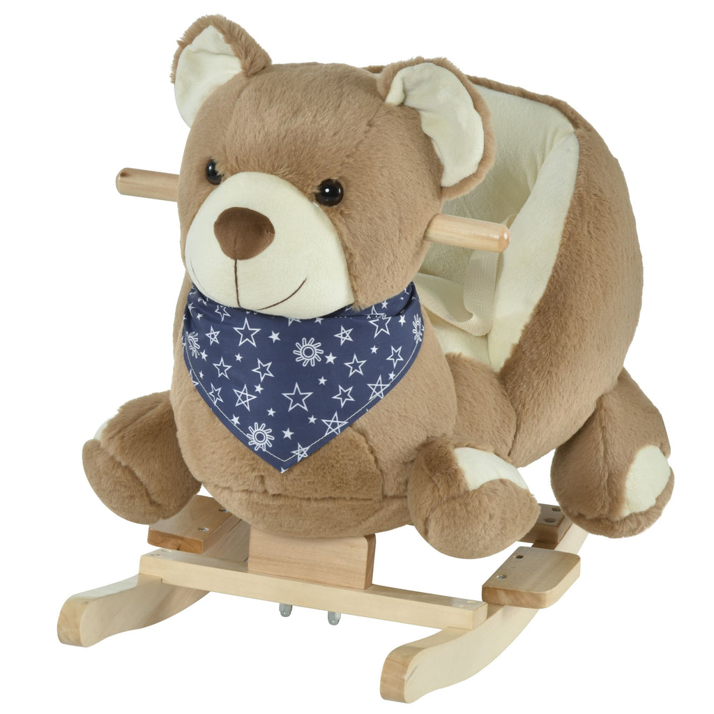 Yeah Depot - Qaba Baby Rocking Horse with Lullaby, Riding Horse, Bear Themed Plush Animal Rocker with Pedals for Ages 18-36 Months