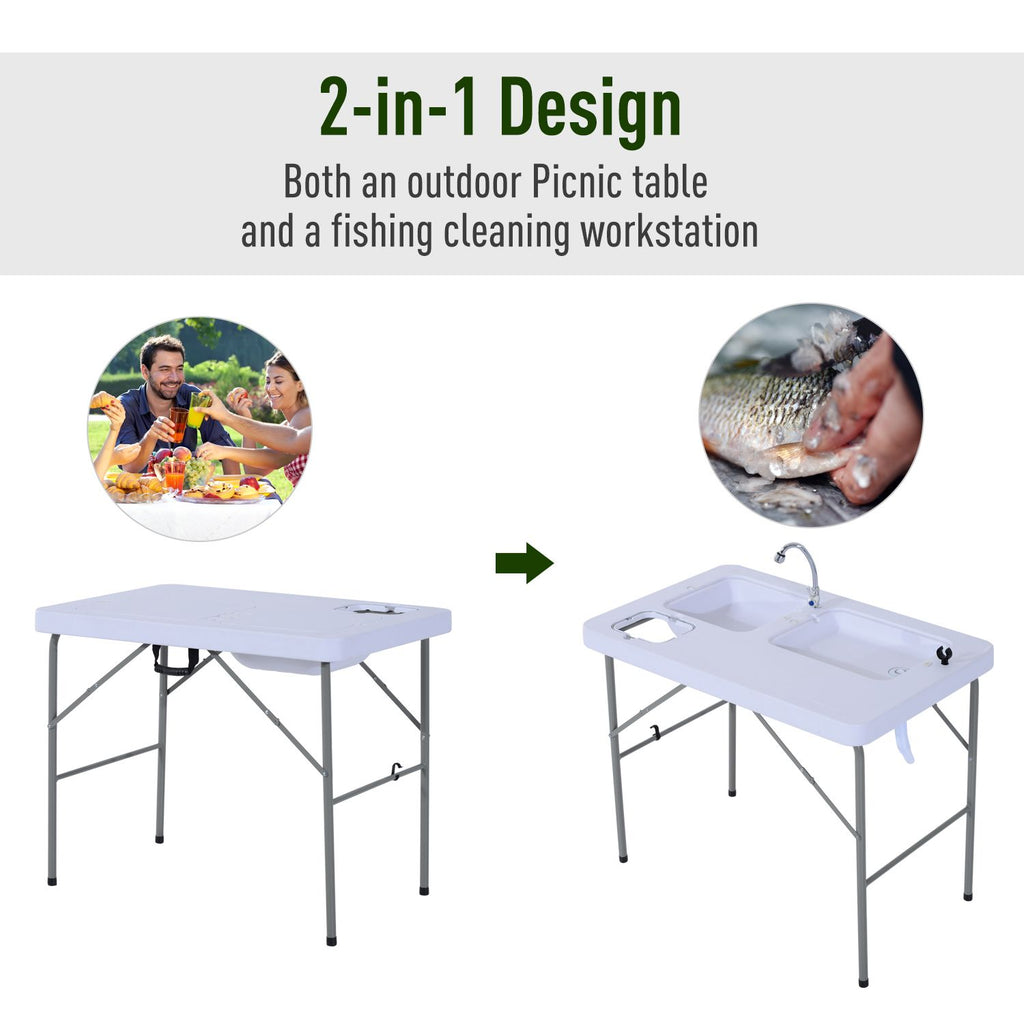 Yeah Depot - Outsunny Folding Camping Table with Faucet and Dual Water Basins, Outdoor Fish Table Sink Station, for Picnic, Fishing, 40''