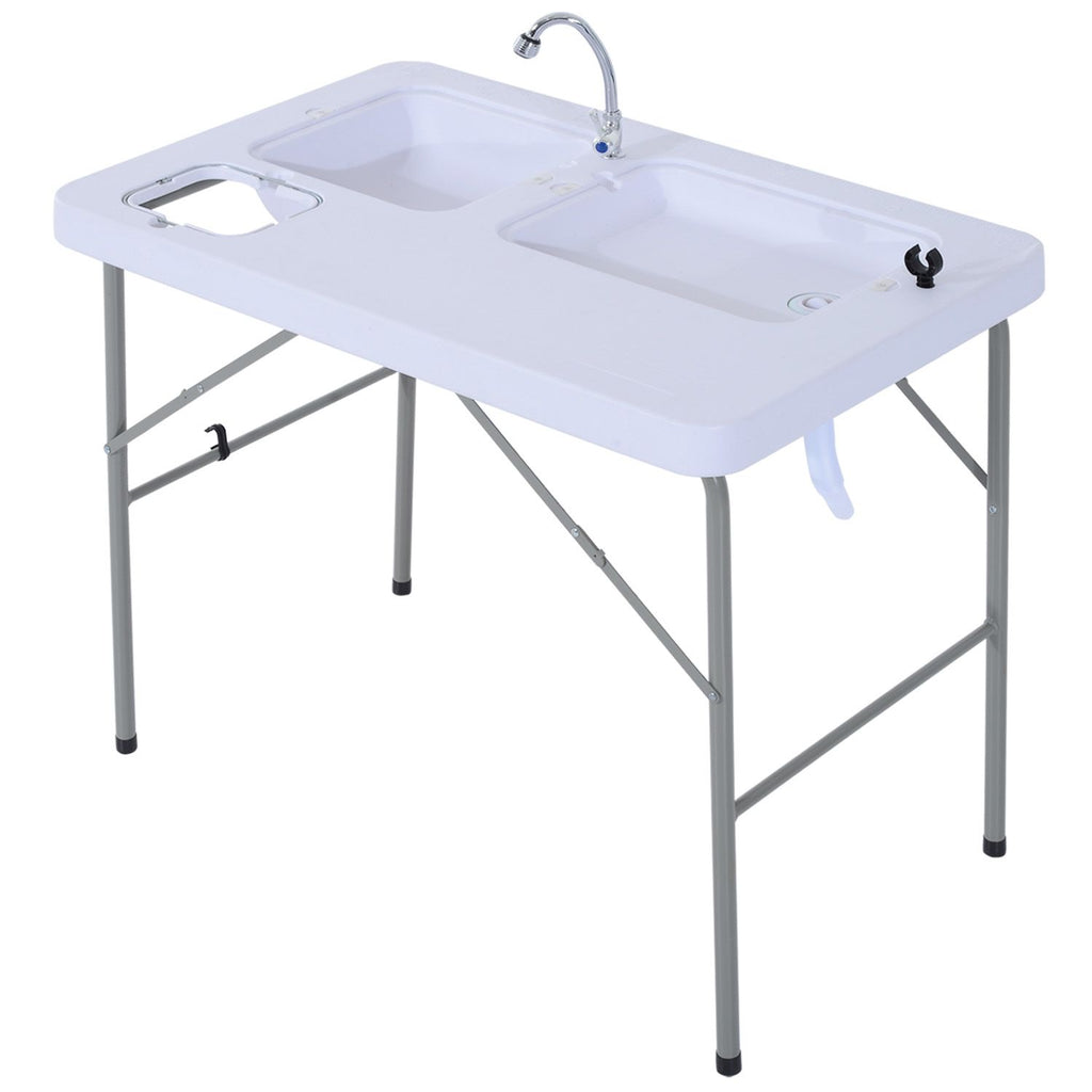 Yeah Depot - Outsunny Folding Camping Table with Faucet and Dual Water Basins, Outdoor Fish Table Sink Station, for Picnic, Fishing, 40''