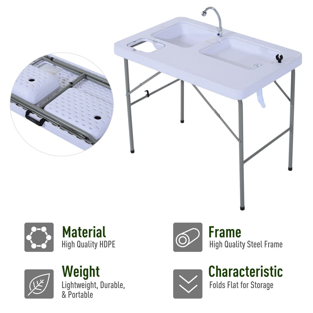 Yeah Depot - Outsunny Folding Camping Table with Faucet and Dual Water Basins, Outdoor Fish Table Sink Station, for Picnic, Fishing, 40''