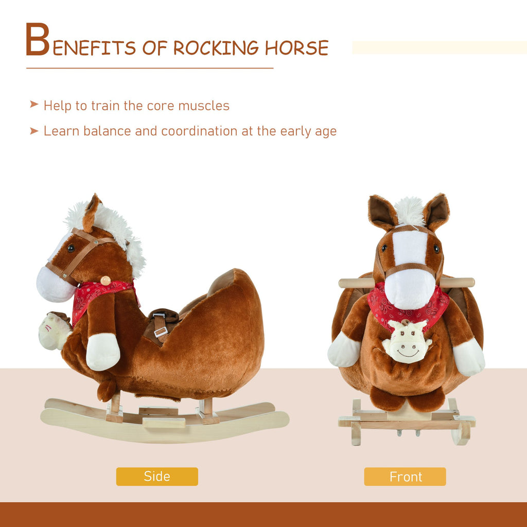 Yeah Depot - Qaba Kids Ride-On Rocking Horse Toy, Rocker with Lullaby Song, Hand Puppets & Soft Plush Fabric for Children 18-36 Months, Brown