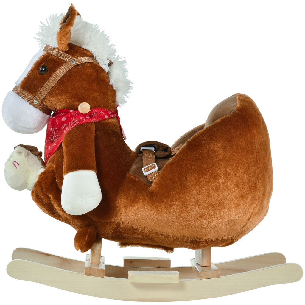 Yeah Depot - Qaba Kids Ride-On Rocking Horse Toy, Rocker with Lullaby Song, Hand Puppets & Soft Plush Fabric for Children 18-36 Months, Brown