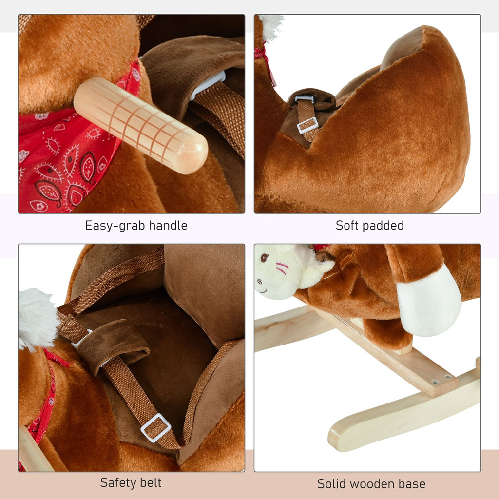 Yeah Depot - Qaba Kids Ride-On Rocking Horse Toy, Rocker with Lullaby Song, Hand Puppets & Soft Plush Fabric for Children 18-36 Months, Brown