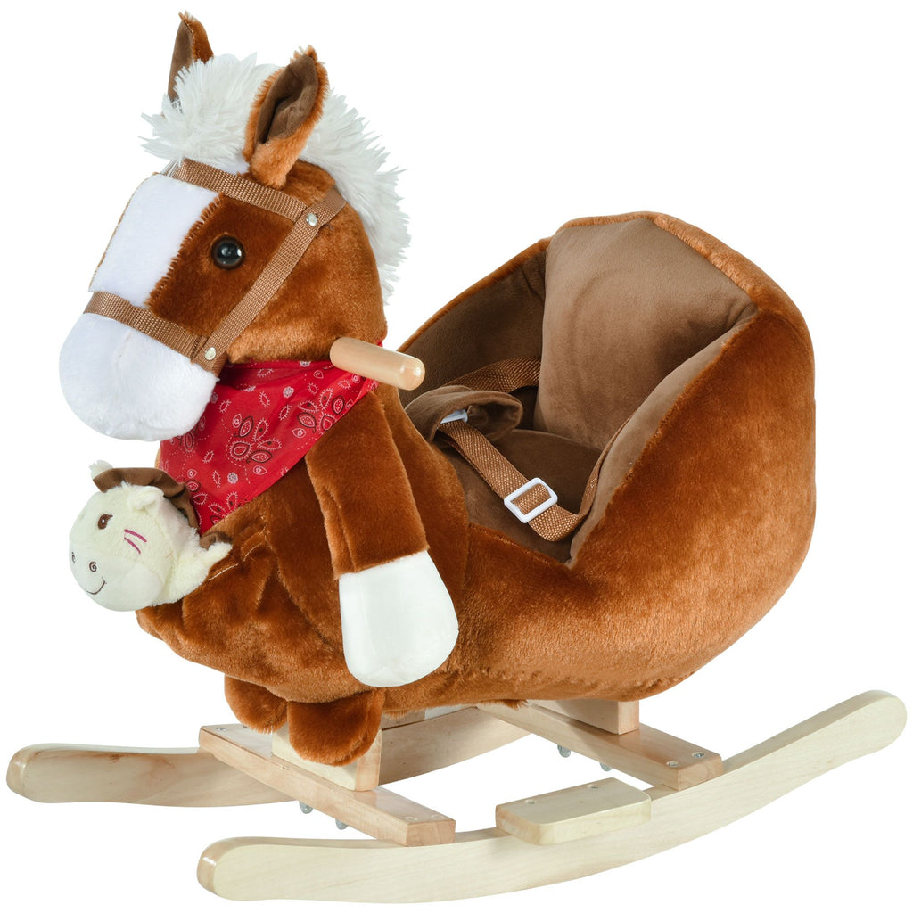 Yeah Depot - Qaba Kids Ride-On Rocking Horse Toy, Rocker with Lullaby Song, Hand Puppets & Soft Plush Fabric for Children 18-36 Months, Brown