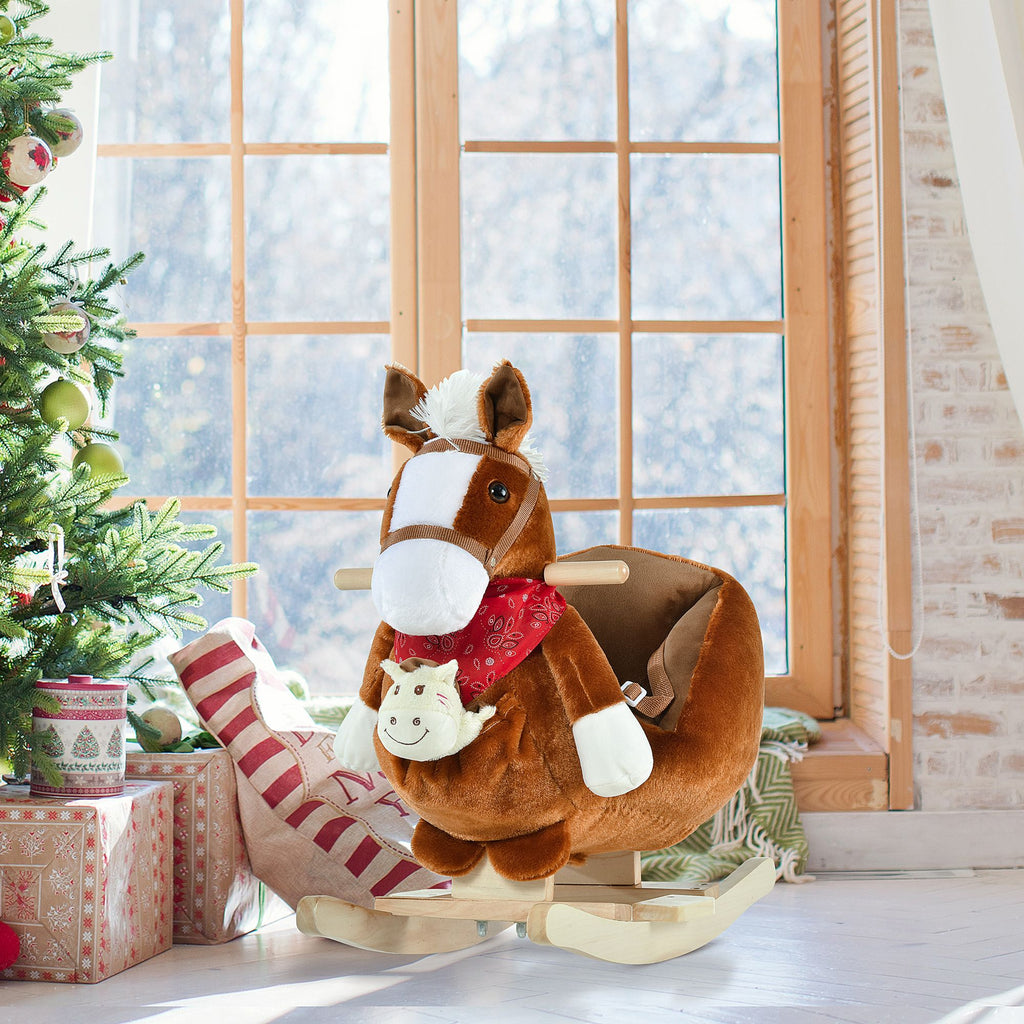 Yeah Depot - Qaba Kids Ride-On Rocking Horse Toy, Rocker with Lullaby Song, Hand Puppets & Soft Plush Fabric for Children 18-36 Months, Brown