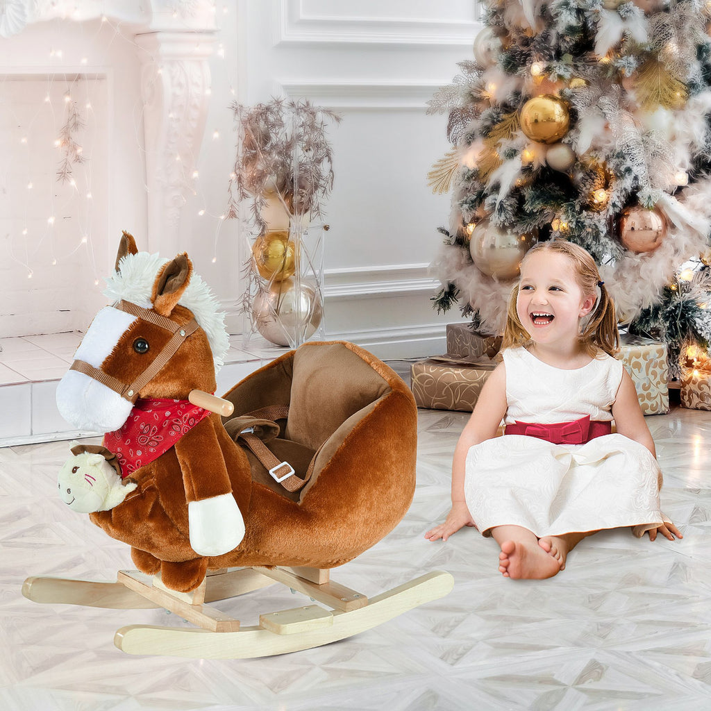 Yeah Depot - Qaba Kids Ride-On Rocking Horse Toy, Rocker with Lullaby Song, Hand Puppets & Soft Plush Fabric for Children 18-36 Months, Brown