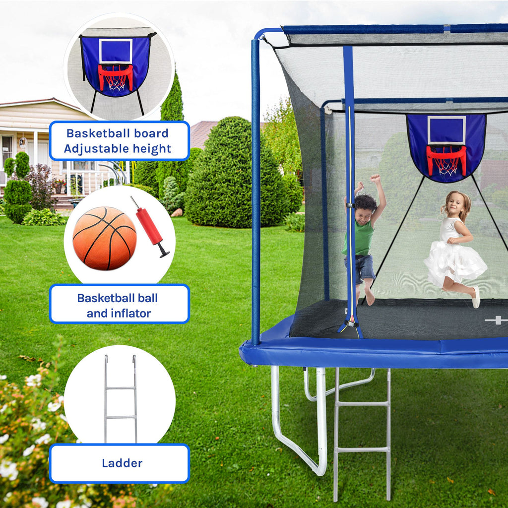 Yeah Depot - New YC 8ft by 12ft rectangular trampoline with basketball board,ball inflater and ladder-Blue ASTM standard tested and CPC certified