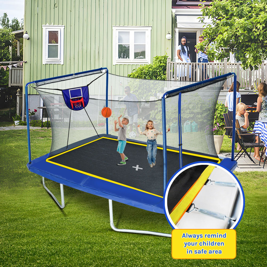 Yeah Depot - New YC 8ft by 12ft rectangular trampoline with basketball board,ball inflater and ladder-Blue ASTM standard tested and CPC certified