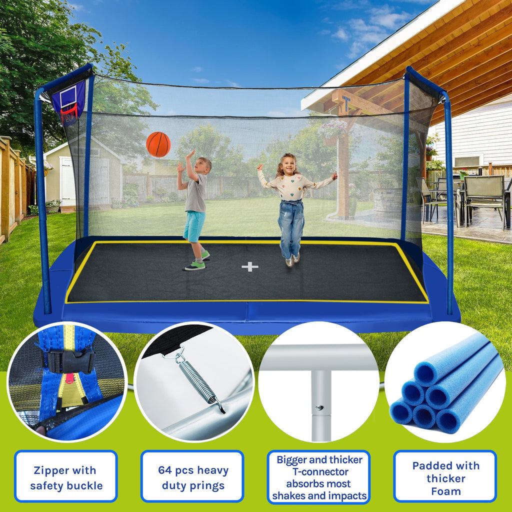 Yeah Depot - New YC 8ft by 12ft rectangular trampoline with basketball board,ball inflater and ladder-Blue ASTM standard tested and CPC certified