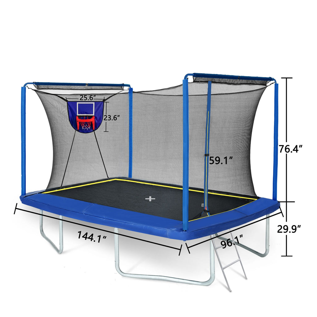 Yeah Depot - New YC 8ft by 12ft rectangular trampoline with basketball board,ball inflater and ladder-Blue ASTM standard tested and CPC certified