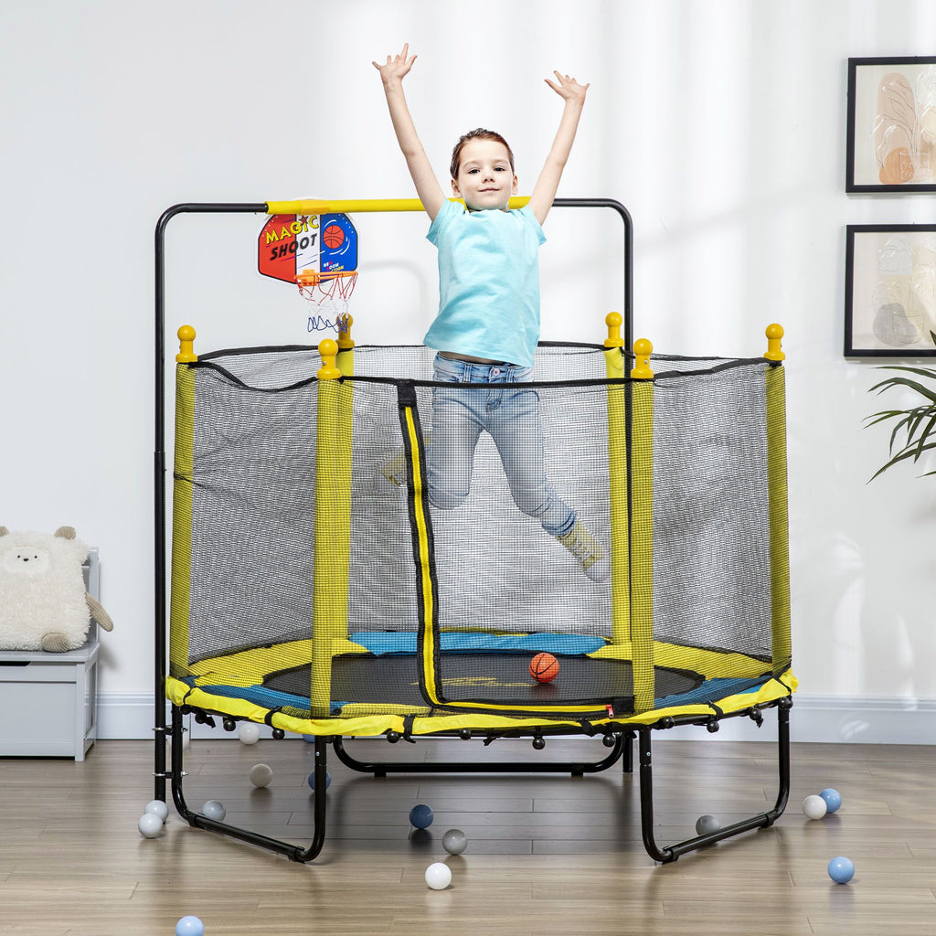 Yeah Depot - Qaba 4.6' Kids Trampoline with Basketball Hoop, Horizontal Bar, 55'' Indoor Trampoline with Net, Small Springfree Trampoline Gifts for Kids Toys, Ages 3-10, Yellow