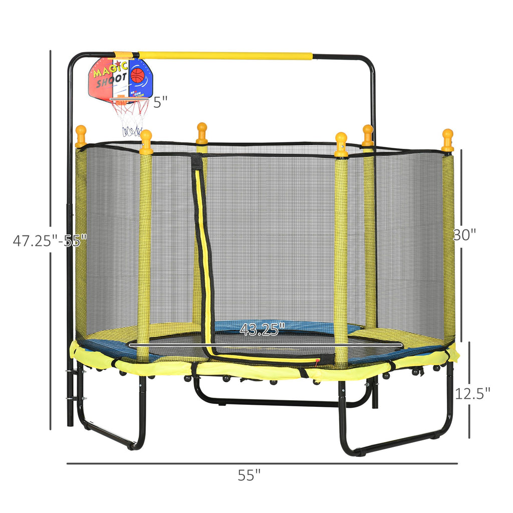 Yeah Depot - Qaba 4.6' Kids Trampoline with Basketball Hoop, Horizontal Bar, 55'' Indoor Trampoline with Net, Small Springfree Trampoline Gifts for Kids Toys, Ages 3-10, Yellow